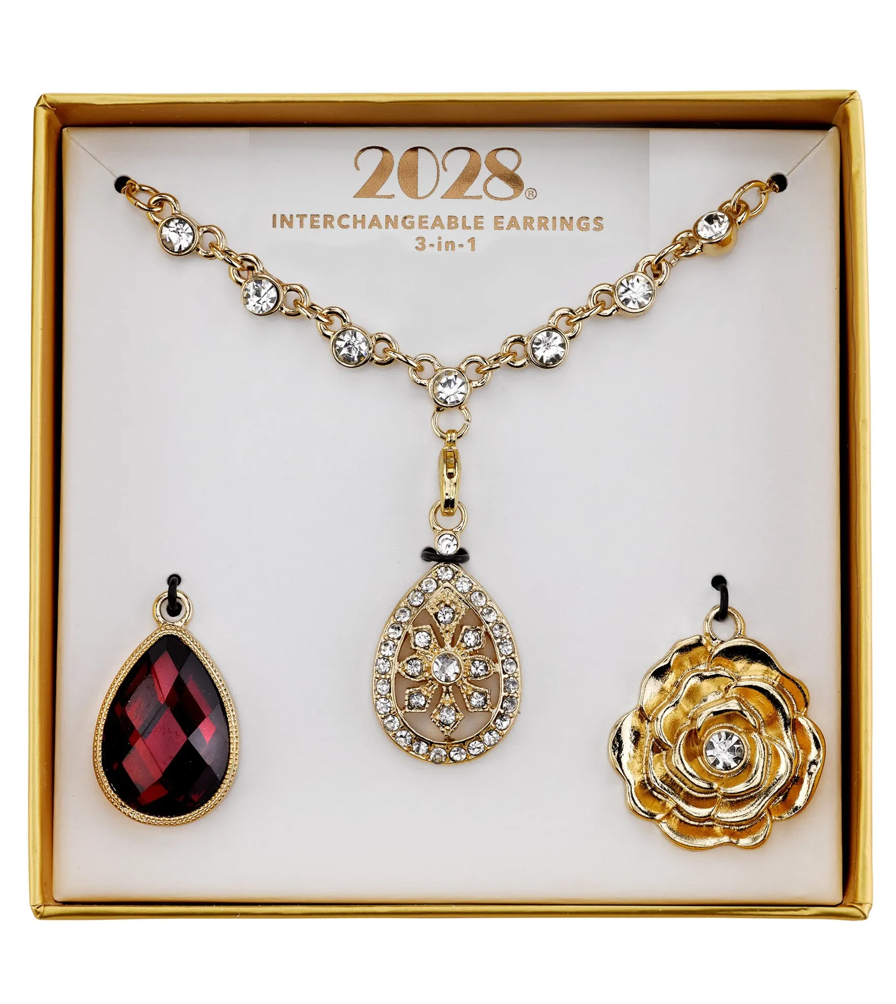 2028 Jewelry 3-In-1 Clear Crystal & Red Teardrop Interchangeable Necklace Set 16 + 3 Extender