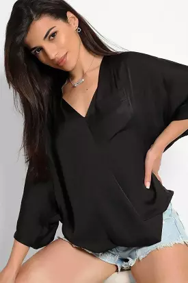 Black Satin Faux Wrap Blouse