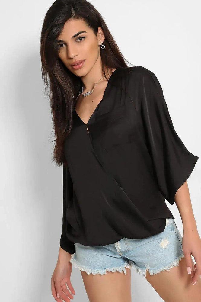 Black Satin Faux Wrap Blouse