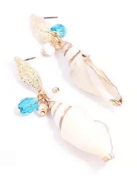 Blue Double Shell Beaded Drop Earrings