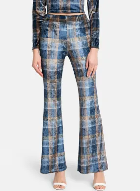 Blue Multi Checks Print Vellour Elasticated Flared