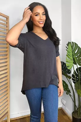 Dark Grey 100% Cotton V-Neck Lazy Fit Blouse