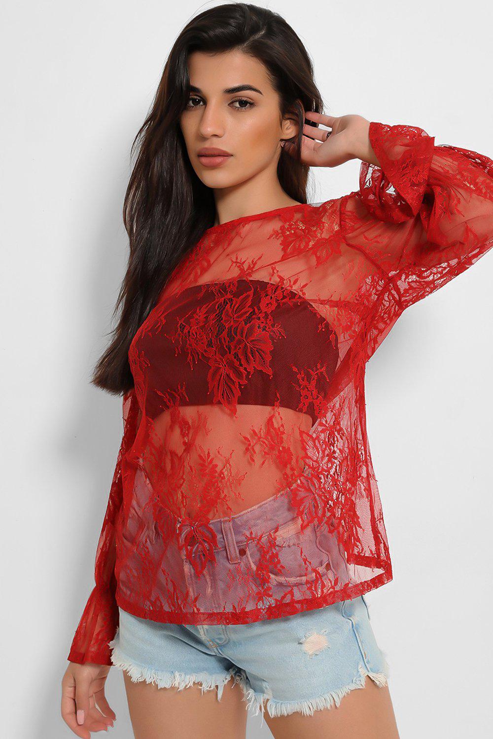 Dark Red Sheer Lace Blouse