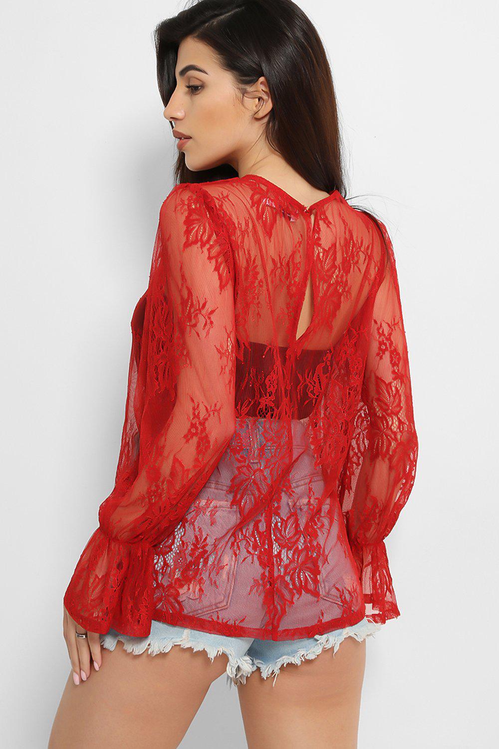 Dark Red Sheer Lace Blouse