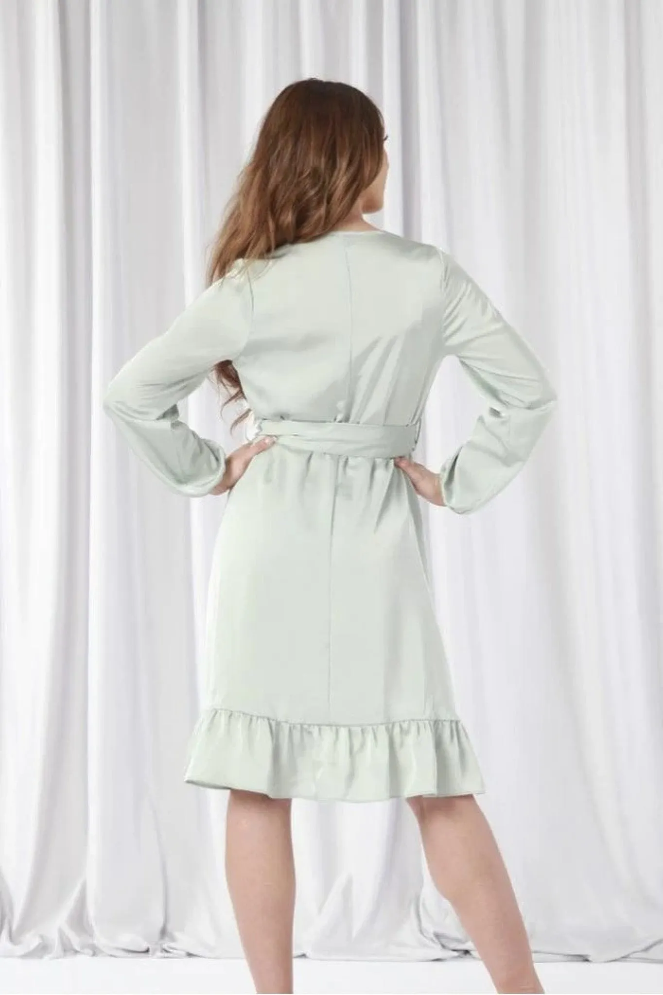 Double Second Frill Satin Wrap Dress