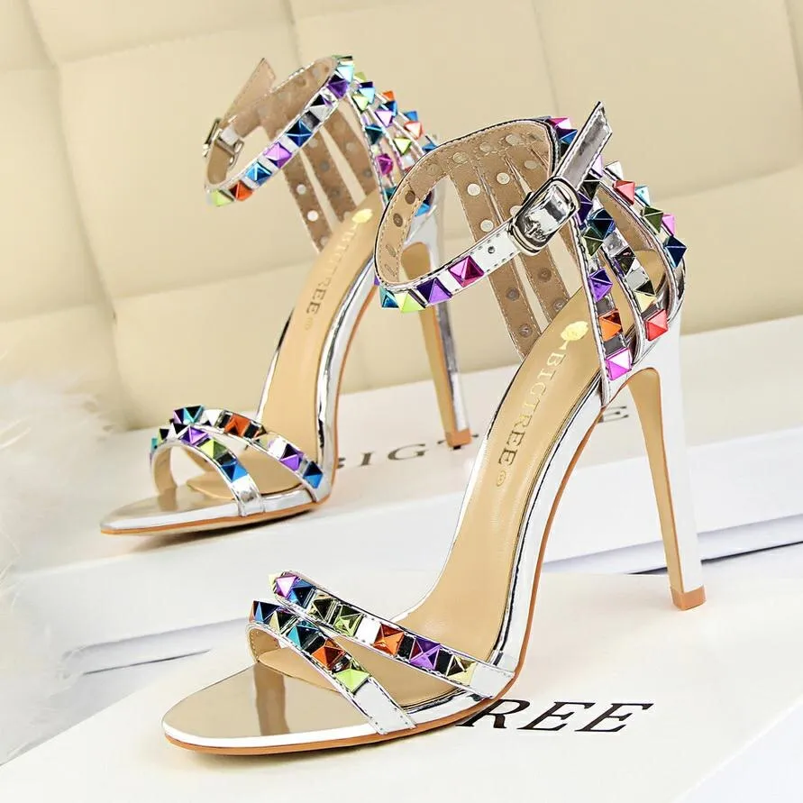 Elegant Buckle Fashion Rivets High Heels Sandals Women Cut-Outs Party Shoes