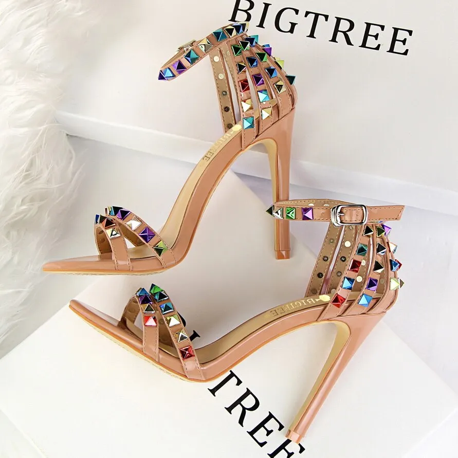 Elegant Buckle Fashion Rivets High Heels Sandals Women Cut-Outs Party Shoes