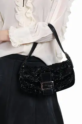 Fendi Black Beaded Embellished Baguette Shoulder Bag