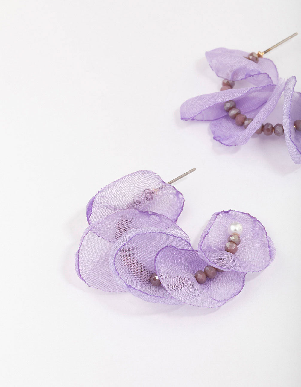 Gold Lilac Beaded Petal Hoop Earrings