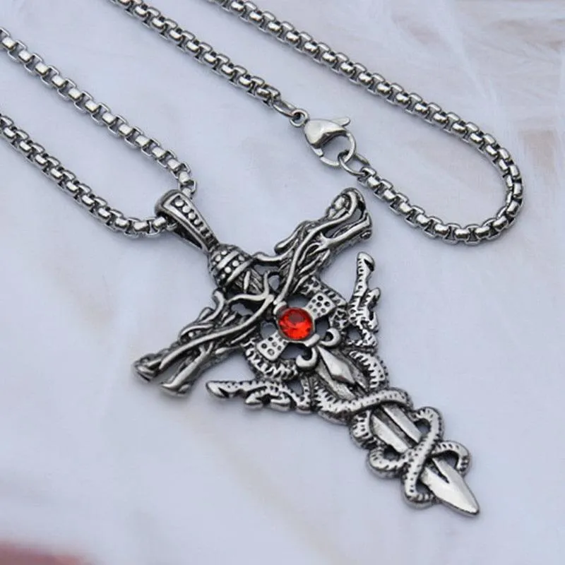 Gothic Double Dragon Cross Sword Pendant Necklace