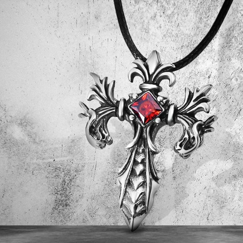 Gothic Double Dragon Cross Sword Pendant Necklace