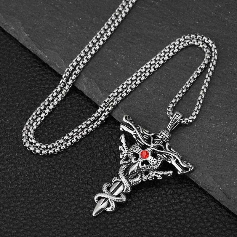 Gothic Double Dragon Cross Sword Pendant Necklace