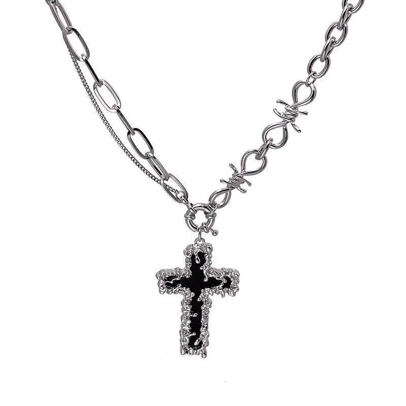 Gothic Punk Cross Barbed Thorns Pendant Chain