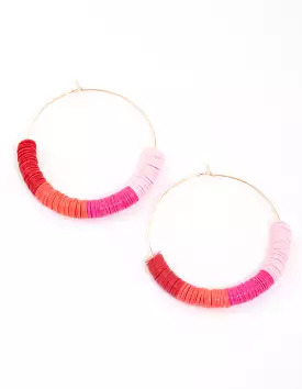 Pink Flat Disc Beaded Wire Hoop Earrings