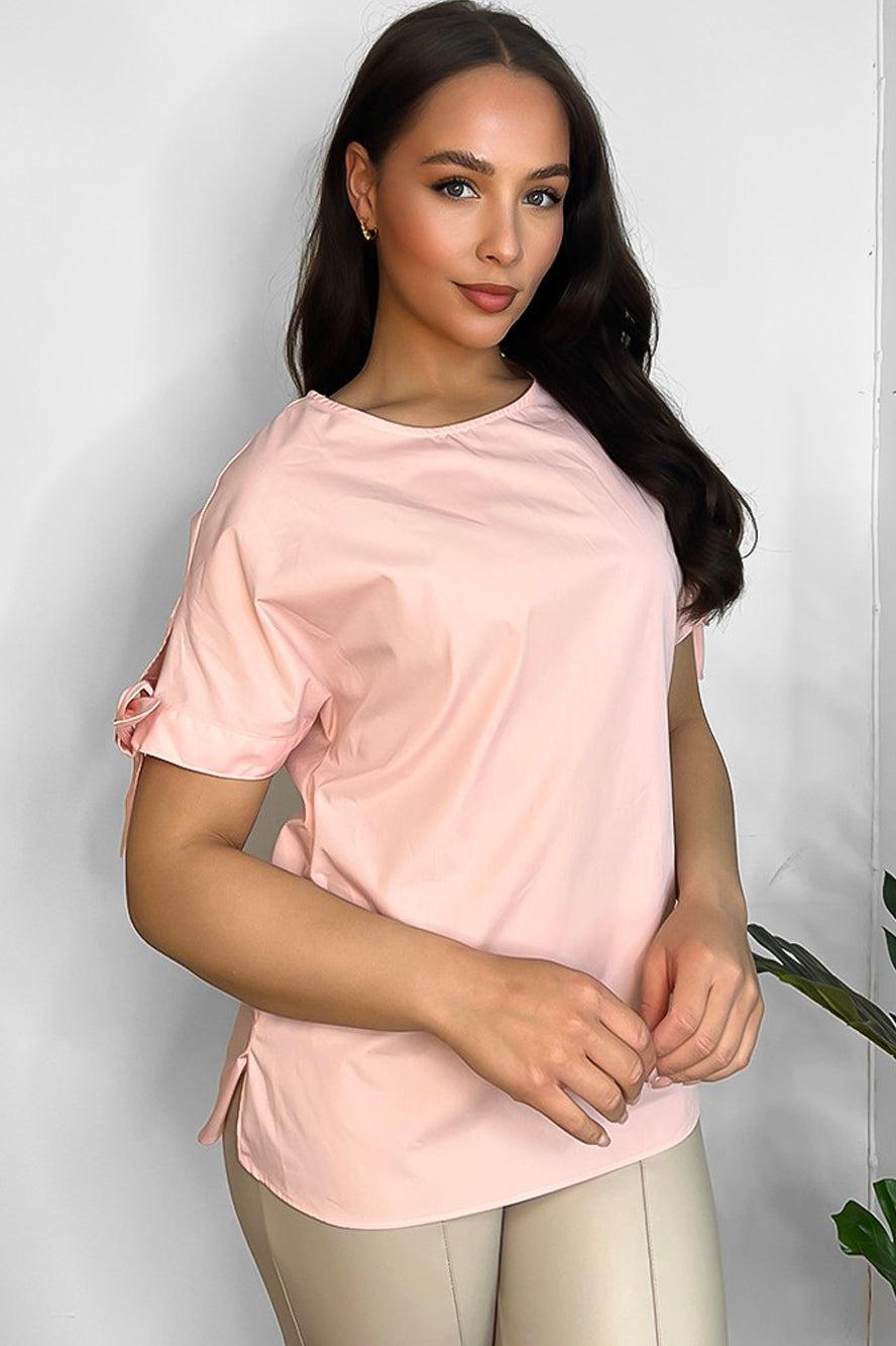 Pink Short Sleeve WIth Ties Cotton Blend Blouse