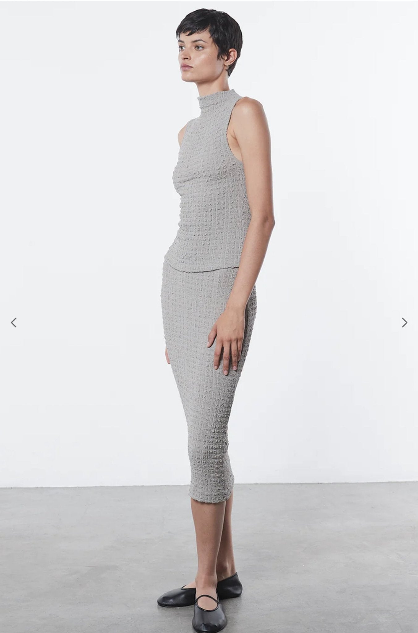 Puckered Sleeveless Hi Neck in Limestone