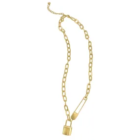 Safety Pin and Lock Chain Necklace gold