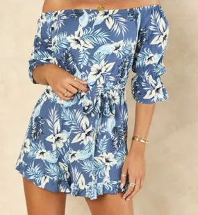 Signage Bardot Floral Playsuit With Belt And Frill Detail