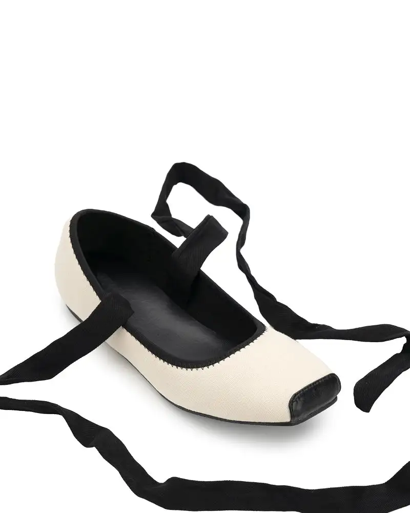 Square Toe Lace-Up Ankle Strap Ballet Flats