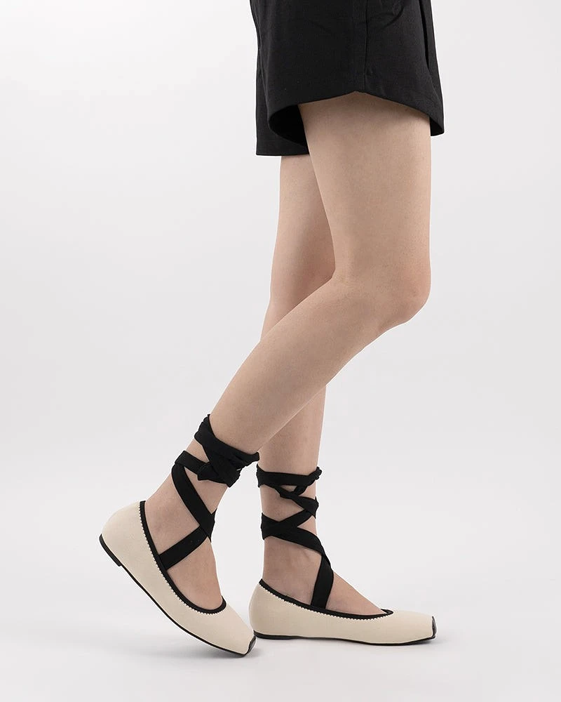 Square Toe Lace-Up Ankle Strap Ballet Flats