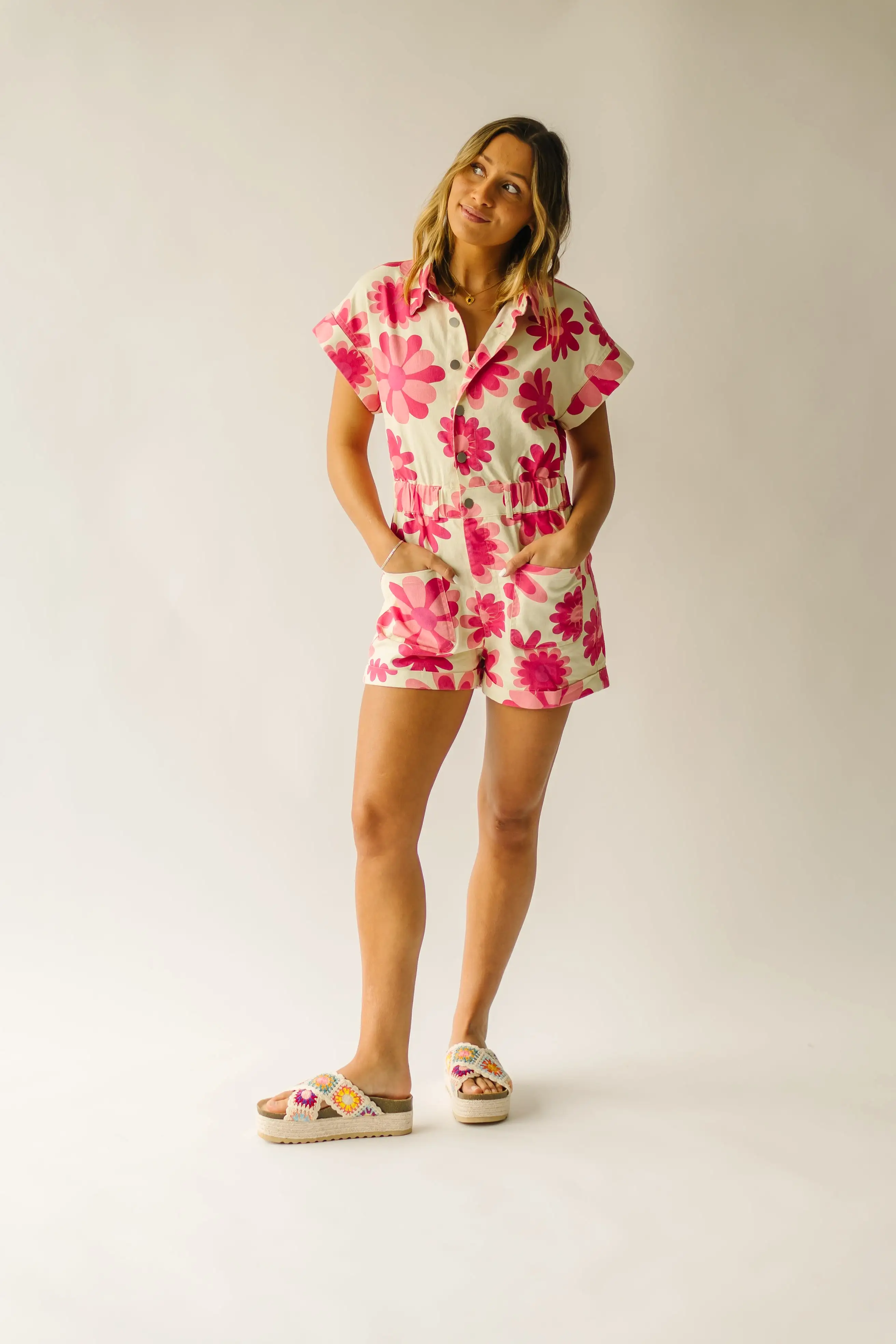 The Whitmer Floral Denim Romper in Pink Multi