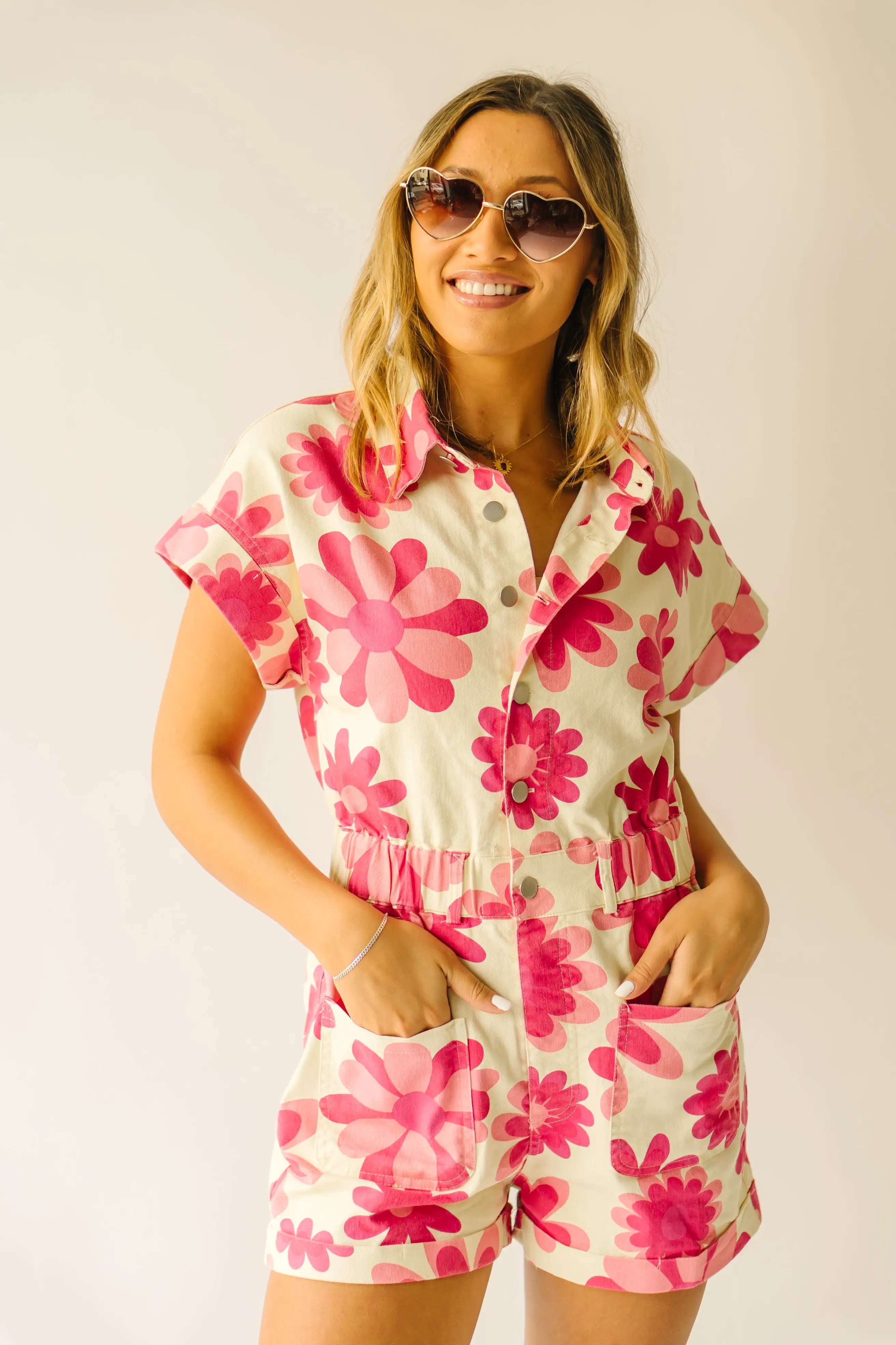 The Whitmer Floral Denim Romper in Pink Multi