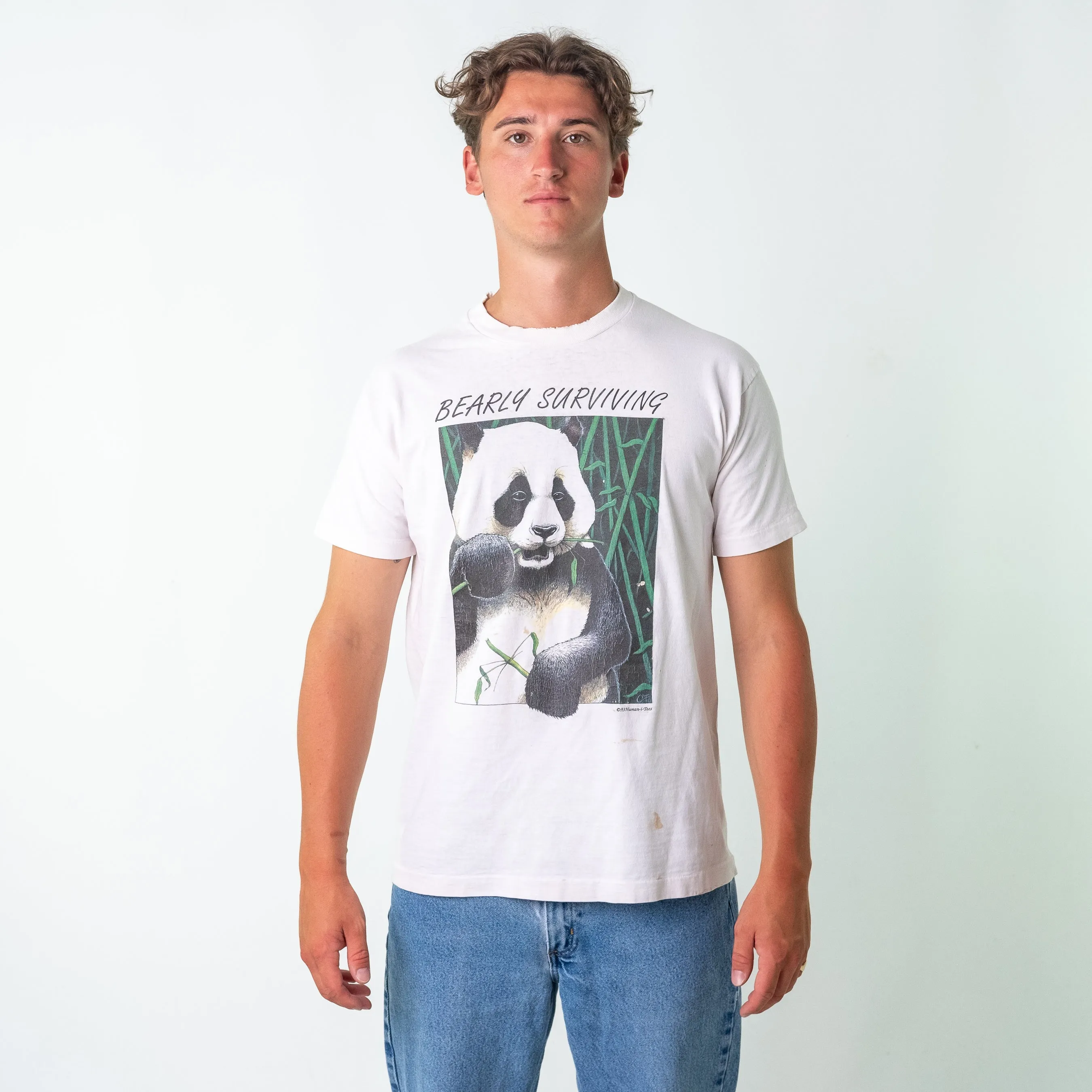 White 90s Unbranded Human-I-Tees Panda Oversized Single Stitch T-Shirt (L)