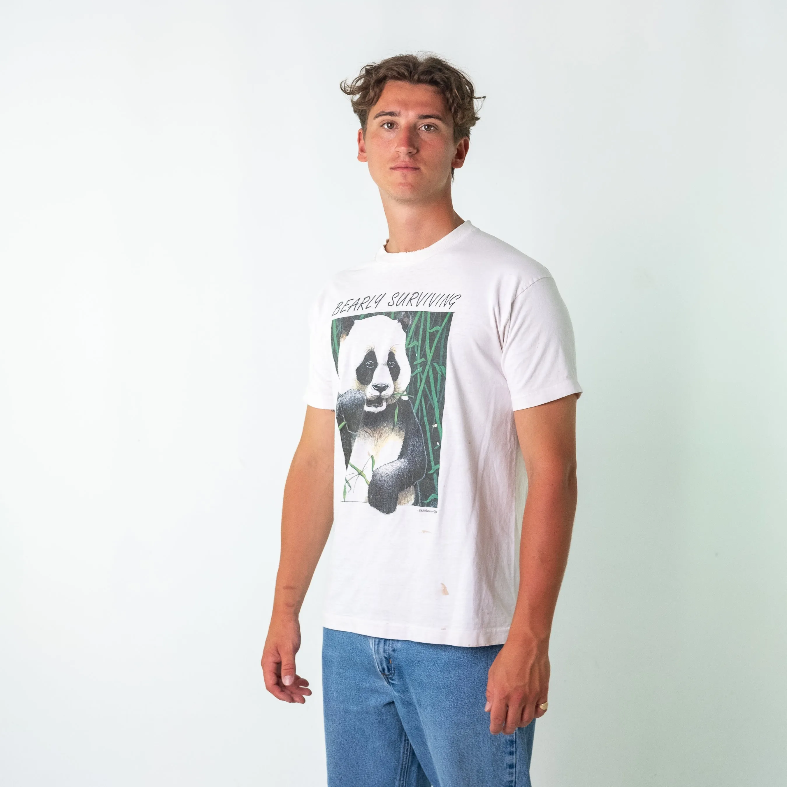 White 90s Unbranded Human-I-Tees Panda Oversized Single Stitch T-Shirt (L)