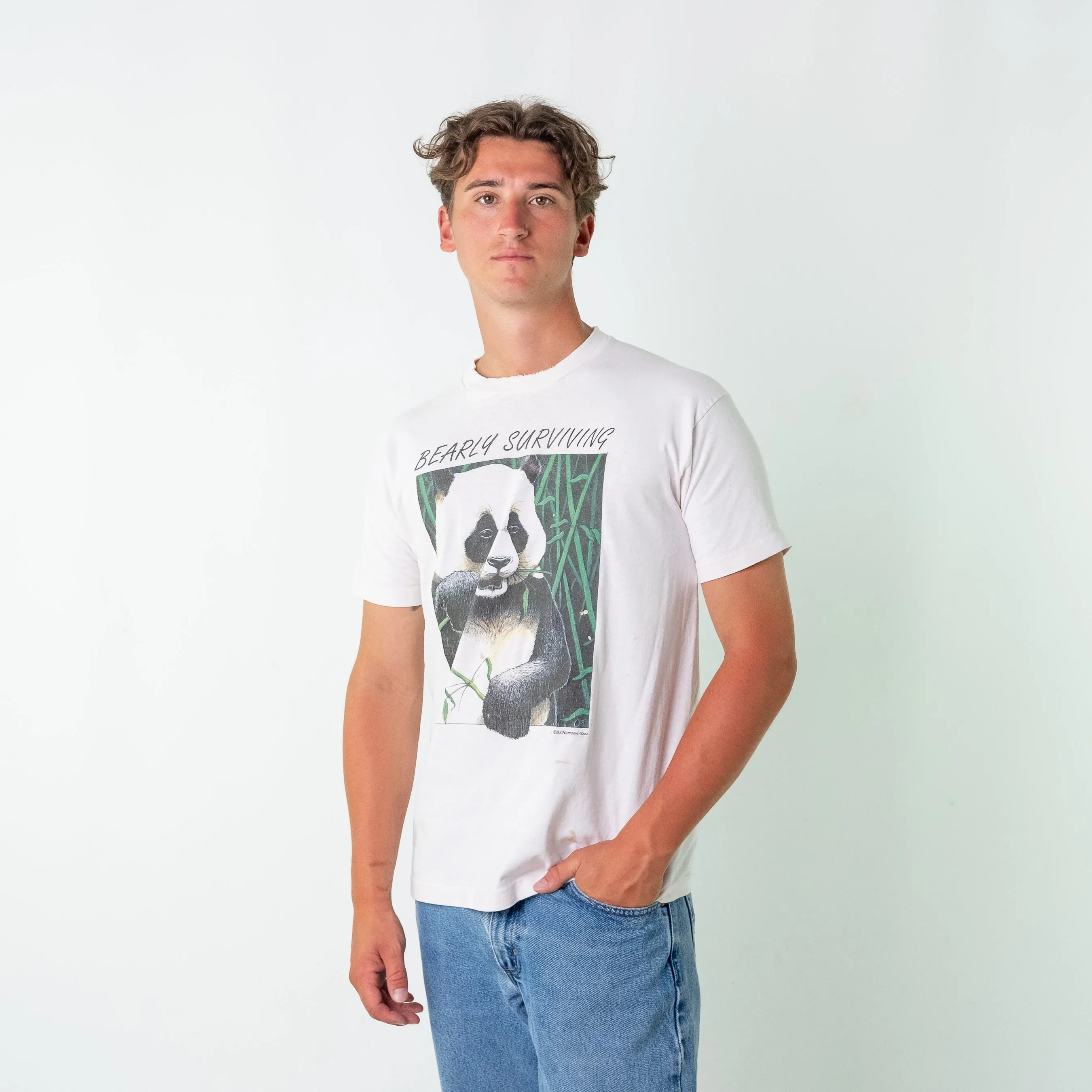 White 90s Unbranded Human-I-Tees Panda Oversized Single Stitch T-Shirt (L)