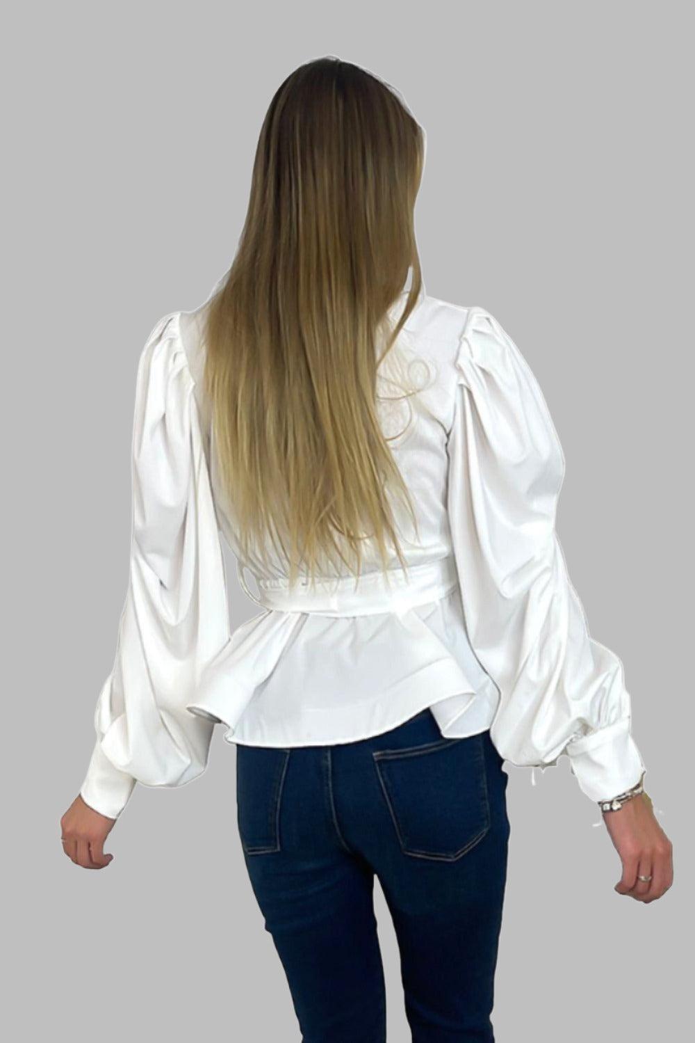 White Deep Plunge Peplum Blouse