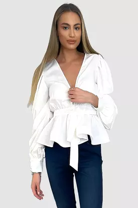 White Deep Plunge Peplum Blouse