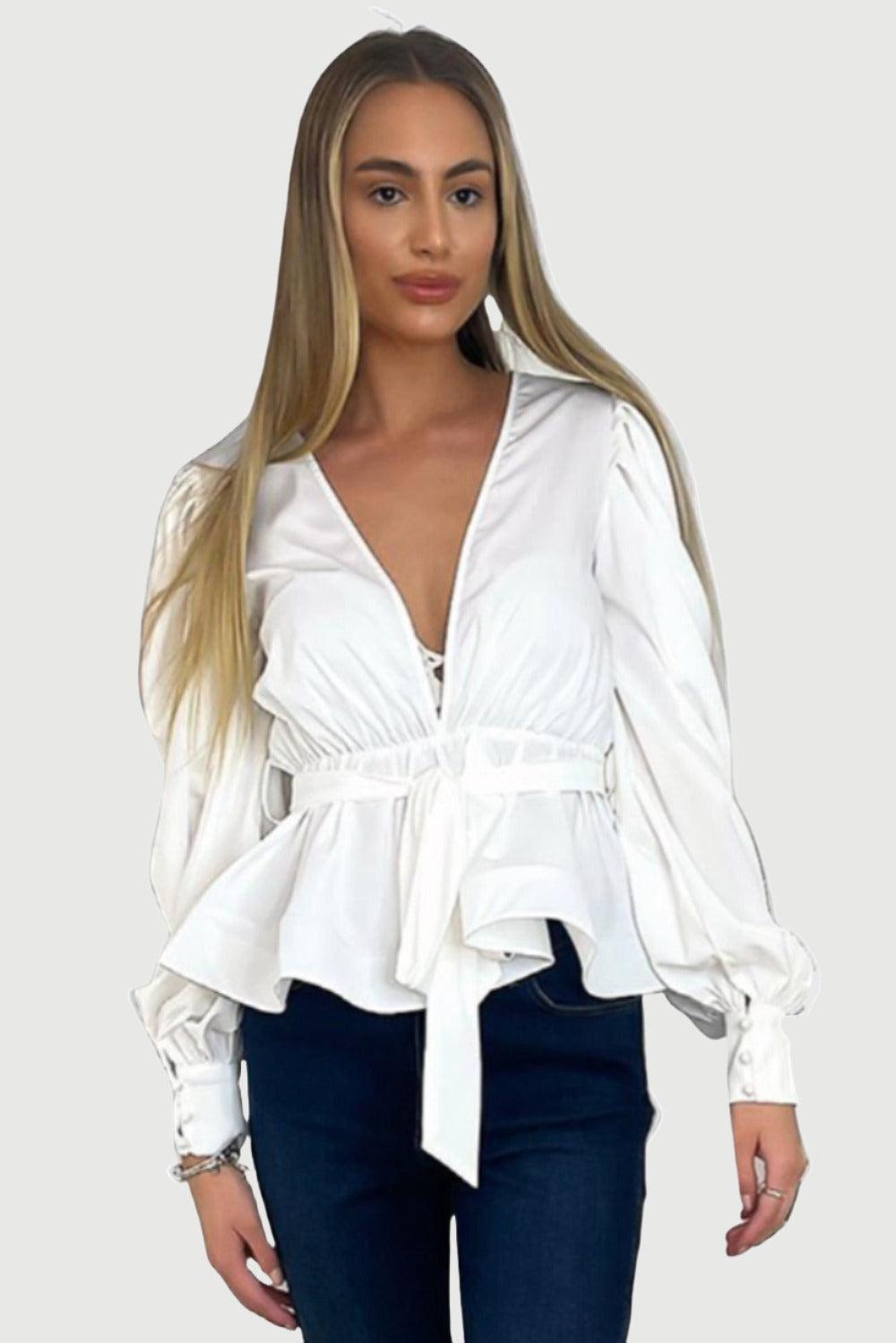 White Deep Plunge Peplum Blouse