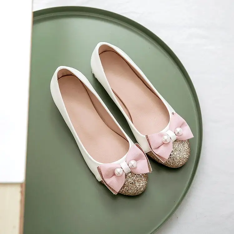 Women's Sequins Pearls Bow Tie Shallow Flat Pumps