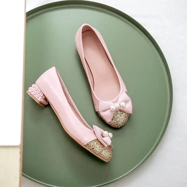 Women's Sequins Pearls Bow Tie Shallow Flat Pumps