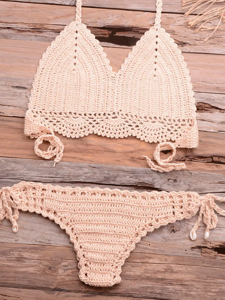 Women's Sexy Solid Pattern Mid Waist Wire Free Crochet Bikini Set