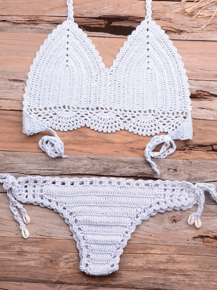 Women's Sexy Solid Pattern Mid Waist Wire Free Crochet Bikini Set