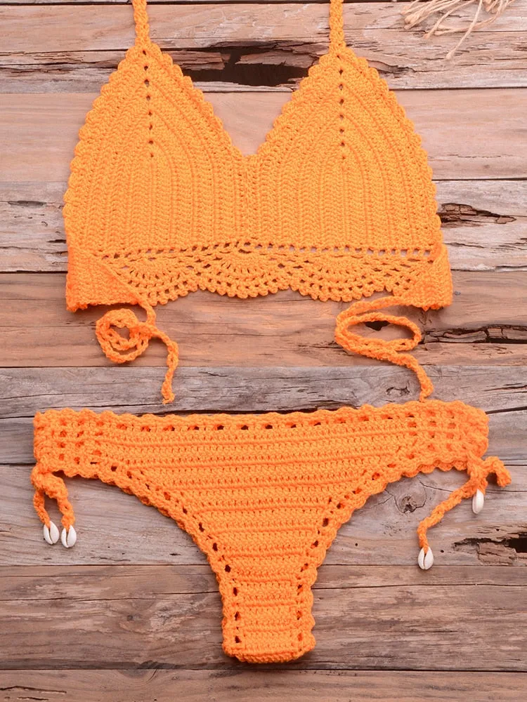 Women's Sexy Solid Pattern Mid Waist Wire Free Crochet Bikini Set