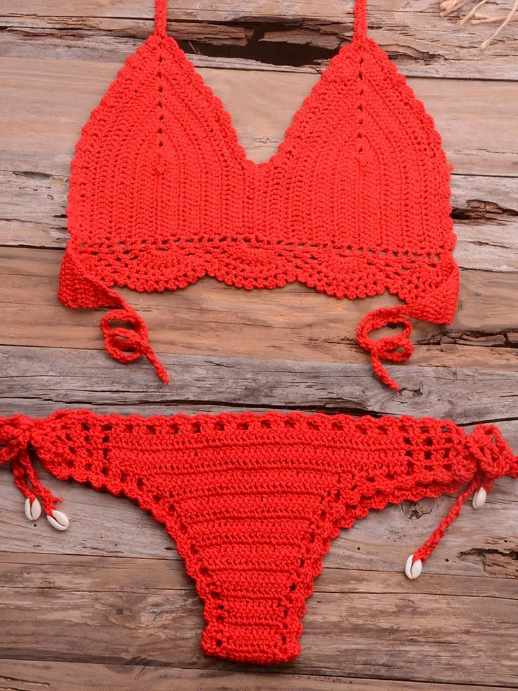 Women's Sexy Solid Pattern Mid Waist Wire Free Crochet Bikini Set