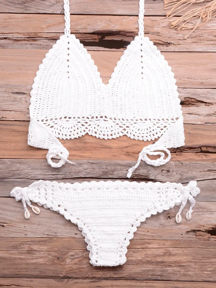 Women's Sexy Solid Pattern Mid Waist Wire Free Crochet Bikini Set