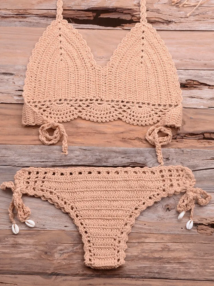 Women's Sexy Solid Pattern Mid Waist Wire Free Crochet Bikini Set