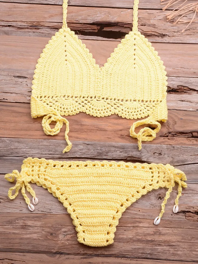 Women's Sexy Solid Pattern Mid Waist Wire Free Crochet Bikini Set