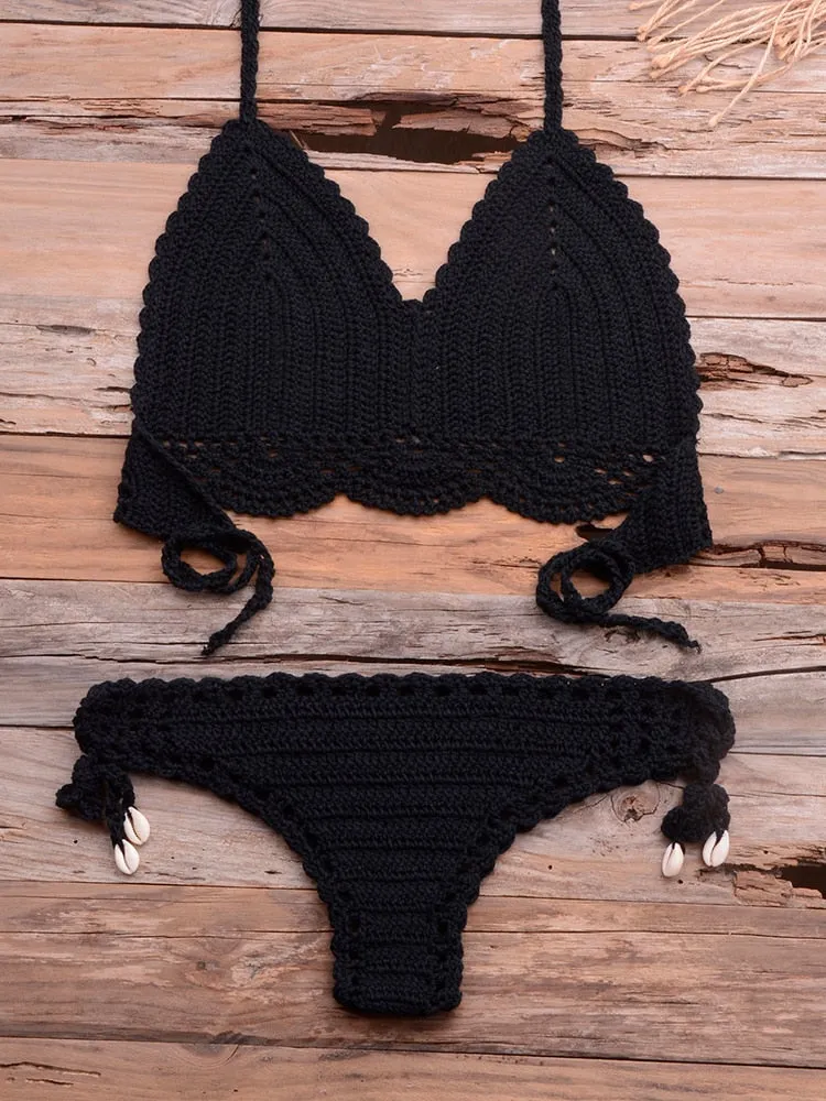 Women's Sexy Solid Pattern Mid Waist Wire Free Crochet Bikini Set