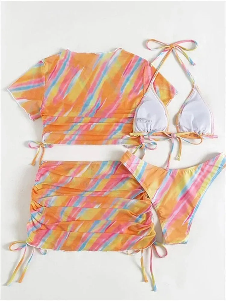 Women's Sexy Tie Dye Gradient Short Sleeve Cover Up 4 Piece Bikini Set