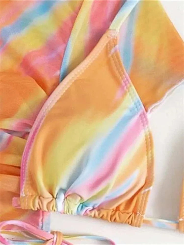 Women's Sexy Tie Dye Gradient Short Sleeve Cover Up 4 Piece Bikini Set