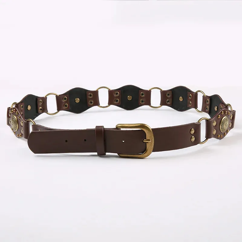 Women's Solid Brown Synthetic Leather Studded Cowgirl Waist Belt