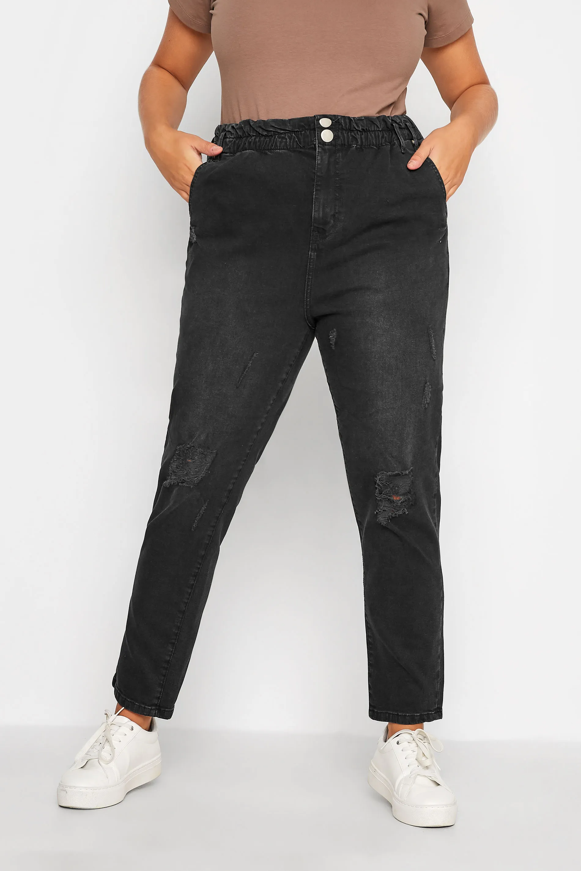 YOURS Curve Black Ripped Elasticated Stretch MOM Jeans